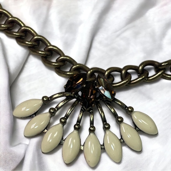 Stella & Dot Brass Tone Statement Necklace with White Enamel & Brown Rhinestones - Picture 2 of 2